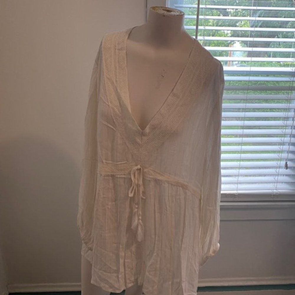 Weekend Suzanne Betro Lace Inset Cream/Gold stripes Babydoll Tunic, size 2X